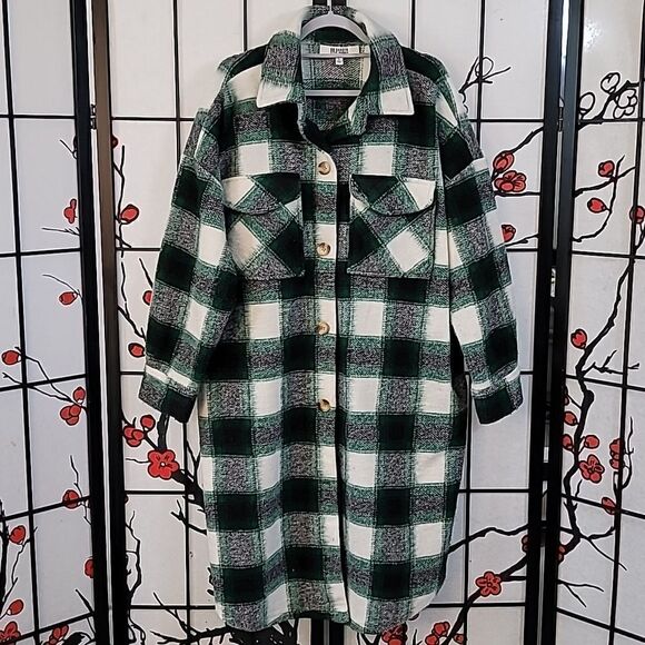 Steve Madden BB Dakota SANTA CRUZ LONG SHACKET IN GREEN PLAID VENDOR - Picture 1 of 7